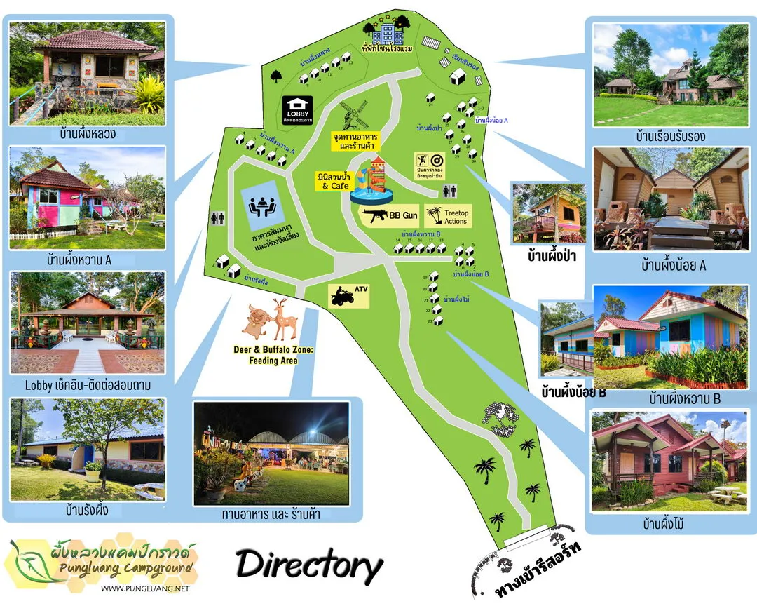 แผนผังรีสอร์ท ผึ้งหลวง แคมป์กราวด์ — ตำแหน่งบ้านพักและจุดกิจกรรม